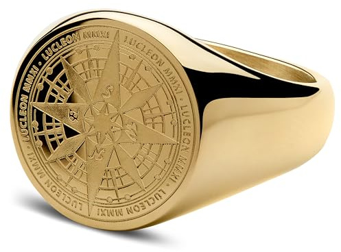 Lucleon by Trendhim Men's Ring | Compass Signet Ring in Gold-Tone Surgical Steel with Engraved Design | Danish Design | Stylish Men's Jewellery for Everyday & Occasion