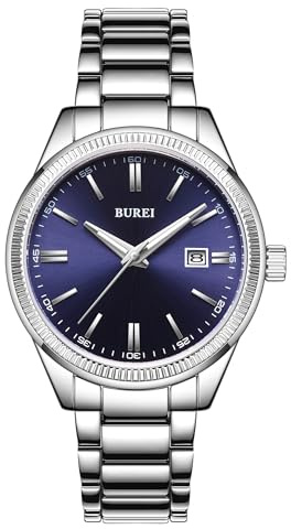 BUREI Uhren Herren Silber Edelstahl Armbanduhr Analog Quarz wasserdichte Herrenuhr Elegante Business Armbanduhren für Herren, Geschenke für Männer (Dunkelblau Silber)