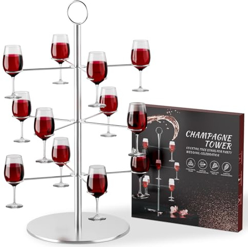 MOCOBO 3-Tier Champagne Tower Stand for 12 Glasses – Silver Metal Cocktail Tree Rack, Wine Glass Display Holder for Parties, Weddings, Bars, Martini & Aperol Drinks
