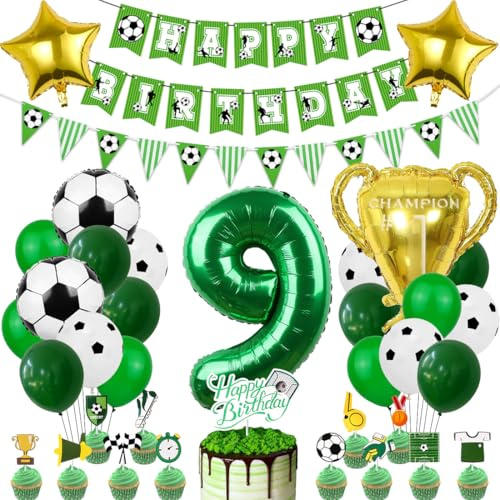 VerLuky Fotbollsballong 9. Födelsedag, Fotbollsfestdekoration För Pojkar 9 År, Grön Folieballong Och Latexballonger, Inkluderande Pokal, Stjärnor, Banderoll Och Tårtdekorationer