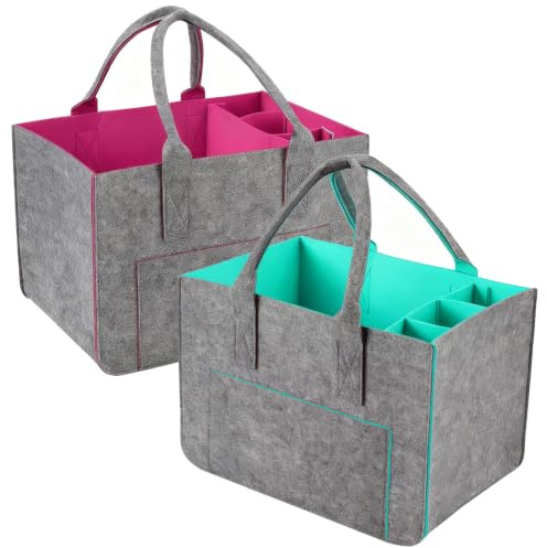 WEIWUXIAN 2 Pezzi 30L Grande Borse per la Spesa in Feltro con Scomparti, Cestini per la Spesa in Feltro Borsa in Stoccaggio Pieghevole con Manico Robusto e Chiusura, per Shopping, Uscire (Rosa,Verde)