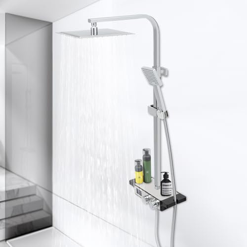 SuhoFutus Duschset mit Regendusche und Handbrause, 3-Wege-Umschalter, Luftinjektions-Technologie, Thermostat-/Druckausgleichsventil, Temperaturanzeige, 25cm Edelstahl-Duschkopf, Wandmontage
