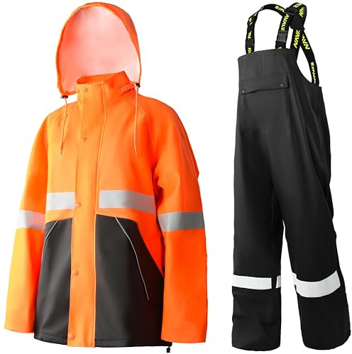 Navis Marine Hi-Vis Regndräkt för män vattentät robust PU huva hängselbyxor