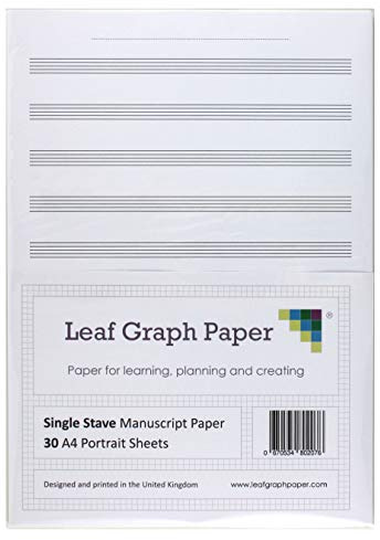 Leaf Graph A4 Manuscript Music Paper, 10 Single Staves, 30-Leaf Pack for Music Theory and Composition