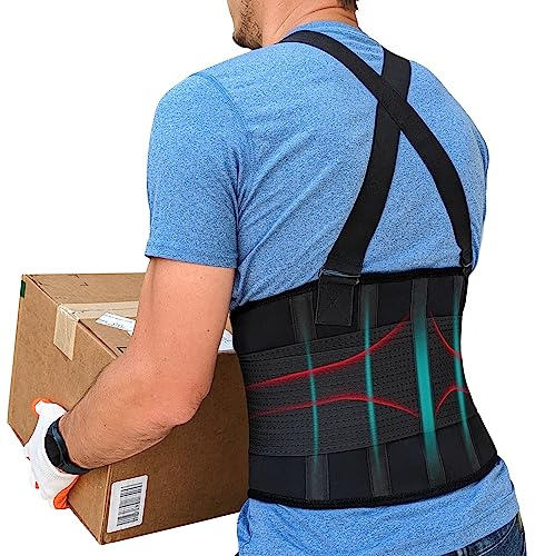 Back Brace for Men Lower Back Heavy Lifting with Suspenders, Back Support Belt for Work, Lower Back Brace with Lumbar Support for Back Pain Relief, Construction Warehouse Moving Belt, Size L