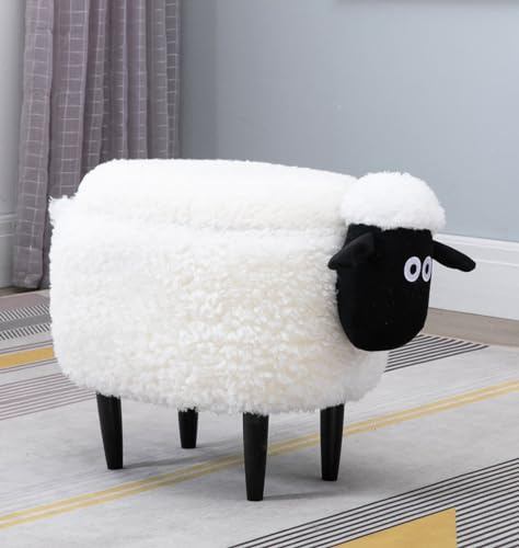 Hallowood Furniture White Sheep Foot Stool, Ottoman Storage with Wooden Leg | White Storage Ottoman with Lid and Wooden Legs, Fabric Animal Pouffe for Kids and Adults, Footstool for Living Room, Bedroom