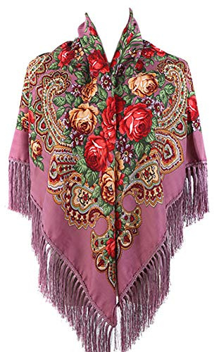 Gudessly, Bufanda tradicional para mujer, con borlas y flecos, chal retro con estampado floral, poncho con cuello y cabeza, Púrpura, Talla única