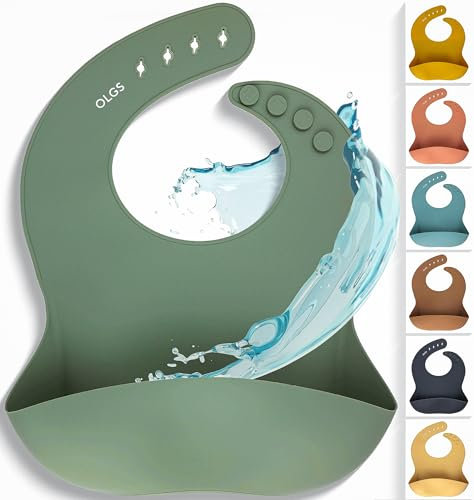 Olgs Silikon Lätzchen Baby Fütterlätzchen Babylätzchen mit Auffangschale | Silikonlätzchen für Jungen und Mädchen | BPA-Frei & Wasserdicht Abwaschbar Sage | Ergonomisch Babylatz Latz für Kleinkinder