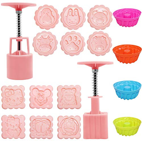 AFUNTA - Set di 2 stampi per torta con 12 francobolli e 4 coppette in silicone, 50 g di stampi per torta a forma di luna di cartone animato rotondo e quadrato per decorazione
