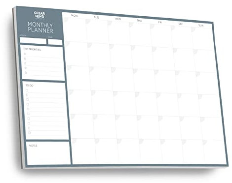 Clear Mind Concepts® Monatsplaner-Schreibtischunterlage – A3-Größe – 24 undatierte Blätter zum Abreißen, 160 g/m² dickes Papier – To-Do-Checkliste, Notizen für Zuhause, Büro, Studium,