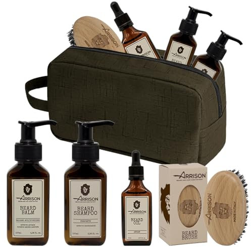 ☆ARRISON® BEARD☆ kit Barba Uomo Completo Made In Italy + Beauty - Questo Set barba Contiene Shampoo, Balsamo, Olio Barba e Spazzola in Legno di Faggio e Setole in Cinghiale Rinforzato