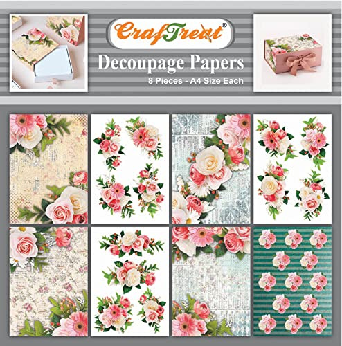 CrafTreat Rose decoupagepapper för hantverk - romantiska blommor - storlek: A4 (21,7 x 30 cm) 8 st - Dekorativt papper för decoupage - Blommigt decoupagepapper för möbler, trä och scrapbooking