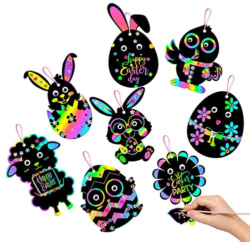 YIEUR 32pcs Ostern Kratzbild Osterhasen Osteranhänger Kratzpapier Osterei Kaninchen Regenbogen Scratch Art DIY Dekoration mit Holzstab Bändern für Ostern Party Mitgebsel