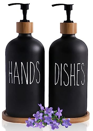 Elitecran Tvålpump Matt Badrumsset - 500 ml Dispenser Svart Med Bricka för Kök och Badrum Dekor, 2-Pack, Glas, 21.3*7.4cm, EC-DE-01