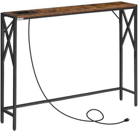 MAHANCRIS Konsolentisch mit Ladestation, Eingangstisch, Schmaler Konsolentisch, Flurtisch, Ausstellungstisch, Beistelltisch für Eingangsbereich, Wohnzimmer, Flur, Vintagebraun und Schwarz ACTHR151UE01
