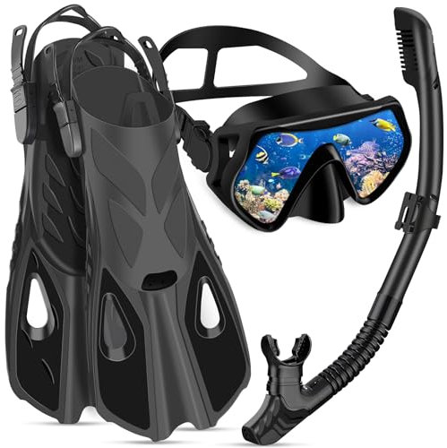 IEEILULU Schnorchelset Erwachsene mit Flossen, Schnorchelmaske Set mit Antibeschlag Taucherbrille,180° Panorama Glaslinse, Verstellbaren Flossen & Tragetasche für Schnorcheln Tauchen (Black-S/M)