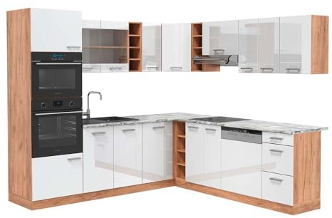 Vicco Cucina angolare completa R-Line, Bianco lucido/oro power oak, 247 x 60 cm, PL Marmo, per la configurazione personalizzata e l'espansione con moduli aggiuntivi