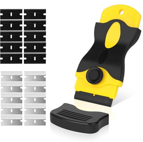Flintronic skrapa, keramisk fälgsskrapa med 20 rostfritt stål och plastblad, skrapa köksspapa set, keramikfält repor, spis glasskrapa, spisskrapa för häll, ugn, glaskeramik (gul)