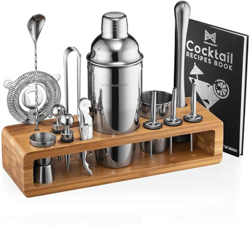 Kit de barman : ensemble de 23 pièces de shaker à cocktail avec support en bambou élégant | Parfait pour la maison, les outils de bar et le shaker à cocktail martini pour un mélange de boissons génial
