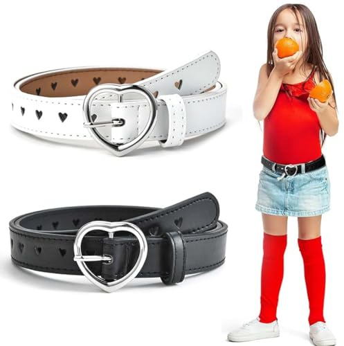XUZOPIM 2 Pcs Girls Belt Cintura Bambino Heart Shaped Buckle Belt For Children Adjustable Leather Belt Baby Belt For Jeans Clothes Trousers Black And Bianco