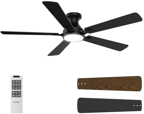 OPONL 52 Inch Ceiling Fans with Light, Black Ceiling Fan with Light and Remote Control, Dimmable LED, Noiseless DC Reversible Motor, Flush Mount, Low Profile Ceiling Fans for Indoor/Outdoor Use