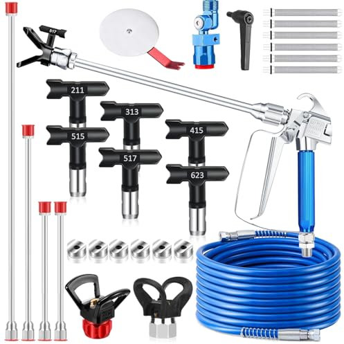 WOOLUCK® 22 pezzi Kit pistola per verniciare, Pistola a spruzzo airless 3600PSI con tubo flessibile da 15 m & 6 Ugello & 4 asta prolunga & 6 filtri & Strumento di guida & ugello seggiolino