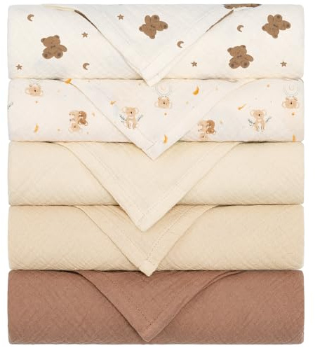 Yukkidds Mulltücher Baby Spucktücher 100% Baumwolle Spucktuch 60x60 cm Saugfähig und Atmungsaktive Wickeltücher Musselintücher 5er Set für Neugeborene Junge und Mädchen Brauner Bär