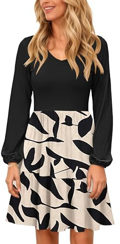 PLOKNRD Vestido de Cuello V Manga Larga de Mujer con Bolsillo Elegante Vestidos en Capas Falda Corta Casual de Otoño e Invierno Hojas de Albaricoque Negro XL