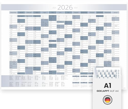 XXL Jahreskalender 2026 oder 2027 Jahresplaner in A1 im schlichtem blau weißen Design mit Ferien und Feiertagen Wandkalender Wandplaner Kalender Planer gefaltet gefalzt (2026)