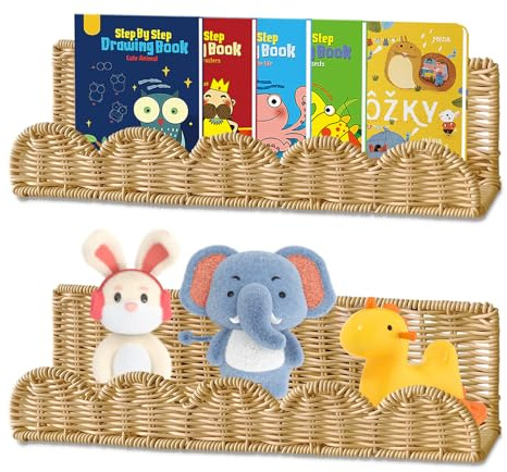 sinzau Boho Deko Rattan Wandregal - 2 Stück Klein Metall Schweberegal Deko Zimmer - 40 cm Breit Leicht zu Bohren Wandregale für Kinderzimmer Schlafzimmer Wohnzimmer