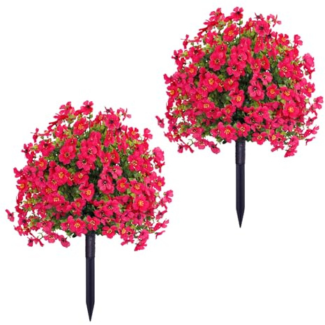 Biplut 22 Inch Artificial Flower Stake Outdoor Decor, Violet Flower with Stake UV Resistant, Garden Stakes for Yard & Lawn,Faux Plastic Flower Spike, All Season Decoration (2 pcs Fuchsia)