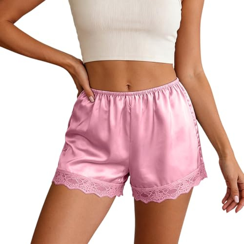 Pantalones cortos casuales con encaje de satén, cintura elástica, minipantalones cortos franceses para ropa de dormir y trajes de verano, Rosa., M