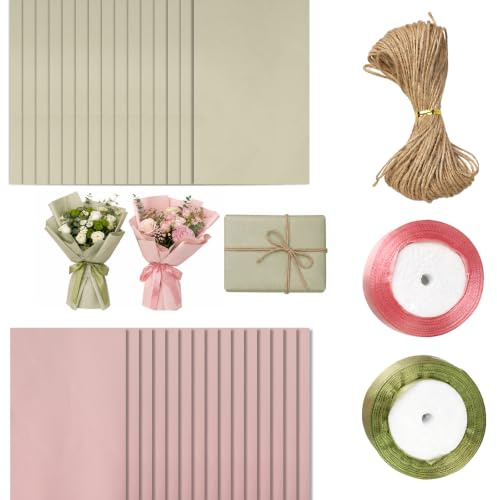 Presentpappersset, 30 ark 30 x 50 cm, grön och rosé, med presentband och jutesnöre, 60 g/m² personligt presentpapper, naturförpackningspapper för hantverk och förpackning