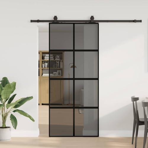 Emmtore Puerta corredera con herrajes negro 90x205 cm vidrio templado, puerta corredera cristal