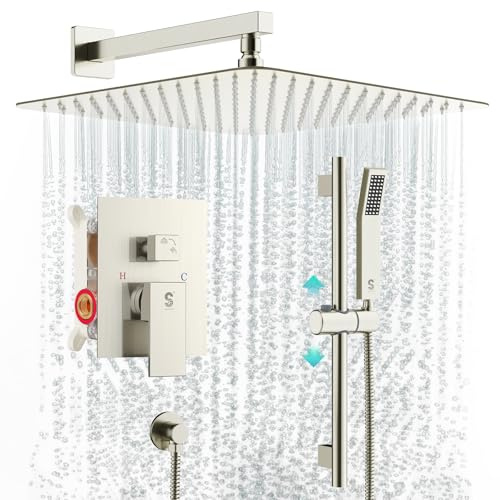 SR SUN RISE 12 Inch Square Shower System, Rain Shower Head and Slide Bar Handheld Shower Faucet Wall Mounted Combo Set Included Valve and Trim Kit for Bathroom, Brushed Nickel
