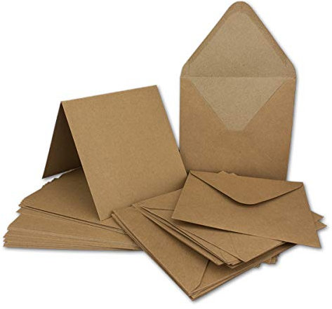 50 Klapp-Karten Set Quadratisch Vintage Braun Recycling - 13,5x13,5 cm - 220 g/m² mit Brief-Umschlägen quadratisch - 14x14 cm - 90 g/m² Nassklebung