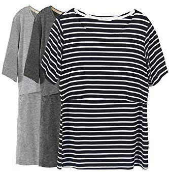Smallshow Mujer Enfermería Tops de Manga Corta en Capas de diseño Camisas de Lactancia Materna,Dim Grey-Grey-Black Stripe,L