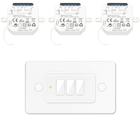 Interruttore Luce Wireless LoraTap - 3 Gang con Base Magnetica e Controllo Remoto a Lungo Raggio (30m Interno) - Kit Completo con 3 Ricevitore a Relè e Telecomando - Bianco - 10A 100-250V AC