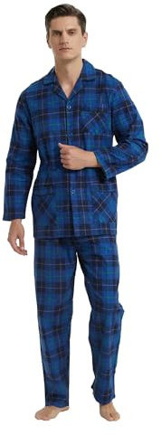 GLOBAL Pijamas para Hombre Franela | Cómodo Ropa de Dormir Largo | Suave Conjunto de Algodón Hombre | Pijamas Manga Larga Botones y Pantalones Cintura Elástica Cordón|Cuadros Azul Negro M