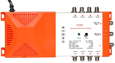 SHUIYUE Amplificateur de Distribution Professionnel 8 Voies avec amplificateur de Distribution TV et Radio terrestre en Boucle IRS Amplificateur de Signal d'antenne TV 87-2350 MHz Gain élevé à Faible
