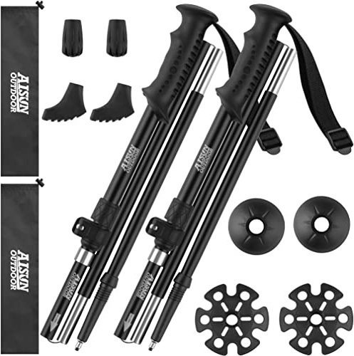 AISUNOUTDOOR Black Trekking Walking Hiking Poles or Sticks Aluminum Lightweight Collapsible for Men Women for Climbing 2 Pack Adjustable Gear with One Free Disposable Raincoat