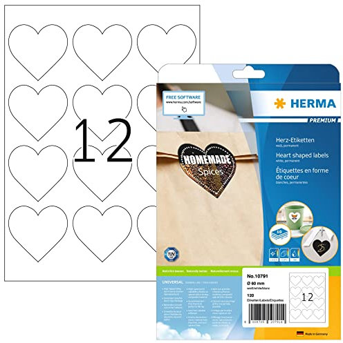 HERMA 10791 Herz Etiketten, 120 Stück, Ø 60 mm, 12 pro A4 Bogen, selbstklebend, bedruckbar, matt, blanko Papier Klebeetiketten Aufkleber in Herzform, weiß