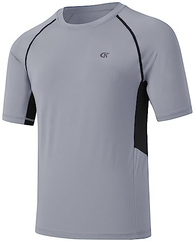Huayuzh Mens Swim Shirts Short Sleeve Rash Guards Rashguard UPF 50+ Quick Drying T-Shirts Surfing Pool Beach Sports Top LightGrey M