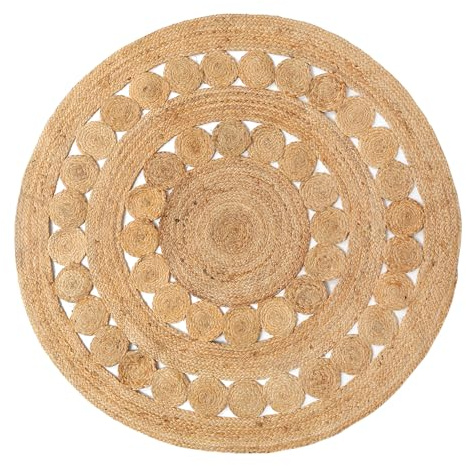 RIANGI Hand Woven Jute Area Rug - 4' Round - Rustic Beige Reversible Farmhouse Rugs for Bedroom, Kitchen, Living Room - Vintage Natural Braided Entry Floor Décor Circle Boho Round Rugs 4 feet