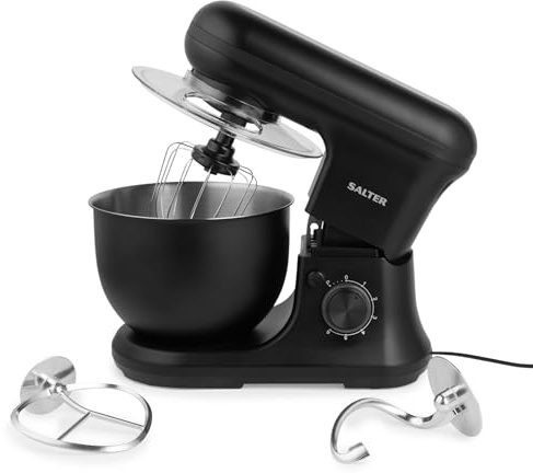 Salter Kuro Stand Mixer – Electric Whisk with Removable Splash Guard, 6 Speed Settings with Pulse Function, 5L Stainless Steel Bowl with Whisk, Dough Hook, and Beater Attachments, 1200W, EK5620MBLK