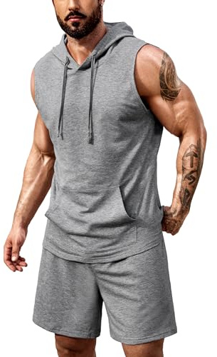 COOFANDY Men's Workout Gym Hooded Tank Top Matching Shirt and Shorts Set Sweatsuit Outfits Light Grey