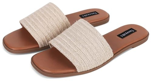 Tscoyuki Slides Sandals for Women Basic Raffia Slip On Flat Sandals Open Toe Comfort Beach Sandals Slippers for Casual Dressy Summer Natural Size 8