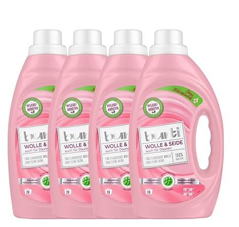 4er Pack Burti Wolle & Seide Feinwaschmittel flüssig (4 x 1,45l) - mit Faser Schutz für Wolle, Seide & Daunen, ohne Mikroplastik mit pflanzlichem Pflege-Booster für ca. 104 Waschladungen