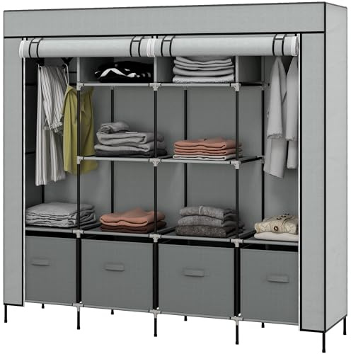 HOMCOM Armario de Tela para Dormitorio Armario Portátil con 10 Compartimentos 2 Rieles Colgantes y 4 Cajones de Tela 166x42,5x169,5 cm Gris Oscuro