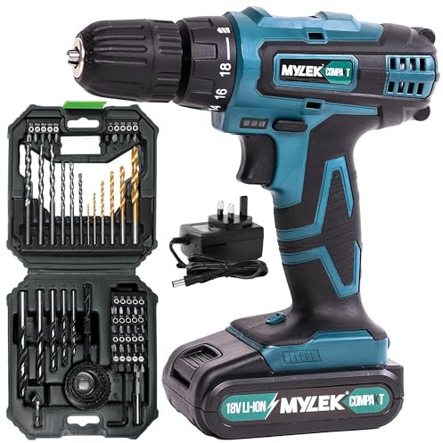 MYLEK 18V Cordless Drill - Lithium Ion Drills Driver Screwdriver Set - 13 Piece Combi Accessory Kit - LED Worklight, 18 Volts Blue/Black with MYLEK 4ORCE Accessory Kit (56 Piece)